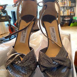 38.5 JIMMY CHOO GRETA GREY SNAKE ANKLE STRAP PLATFORM SANDALS CLASSIC